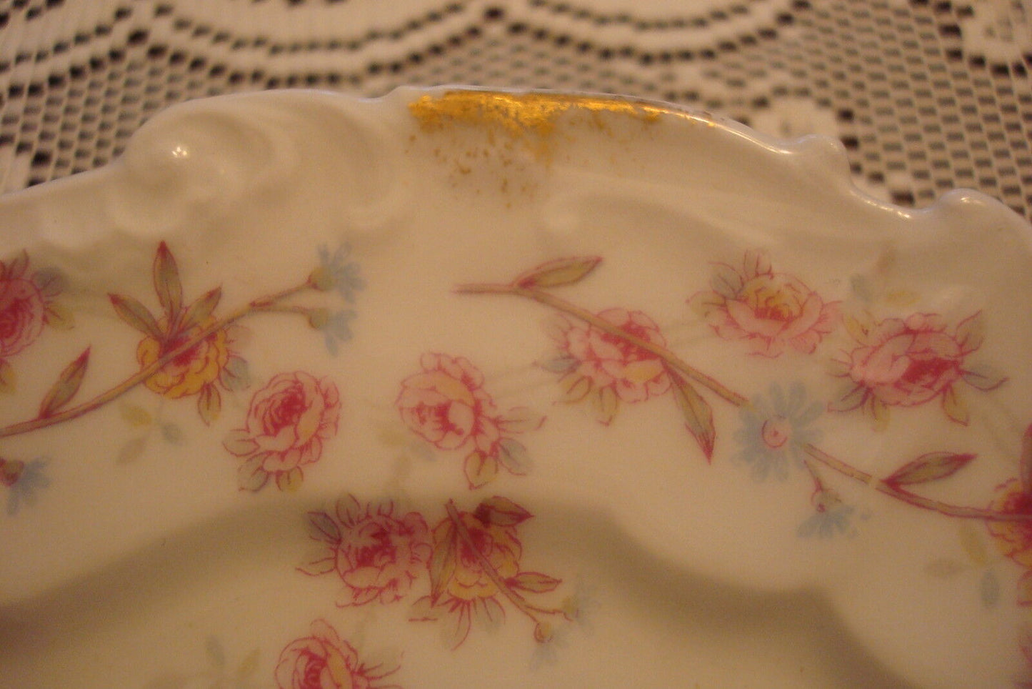 1900s France Limoges 6 bread plates MOLDED BORDERS, GOLD PINK FLOWERS GARLANDS