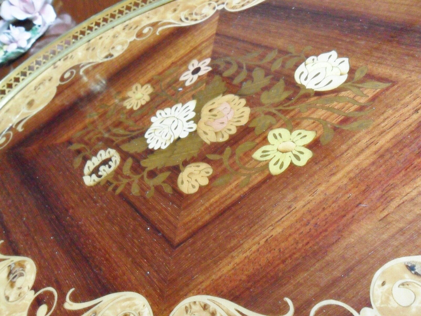 Vintage Italian Wood Inlay Serving Tray  Brass Floral Flower 2 handles [*]