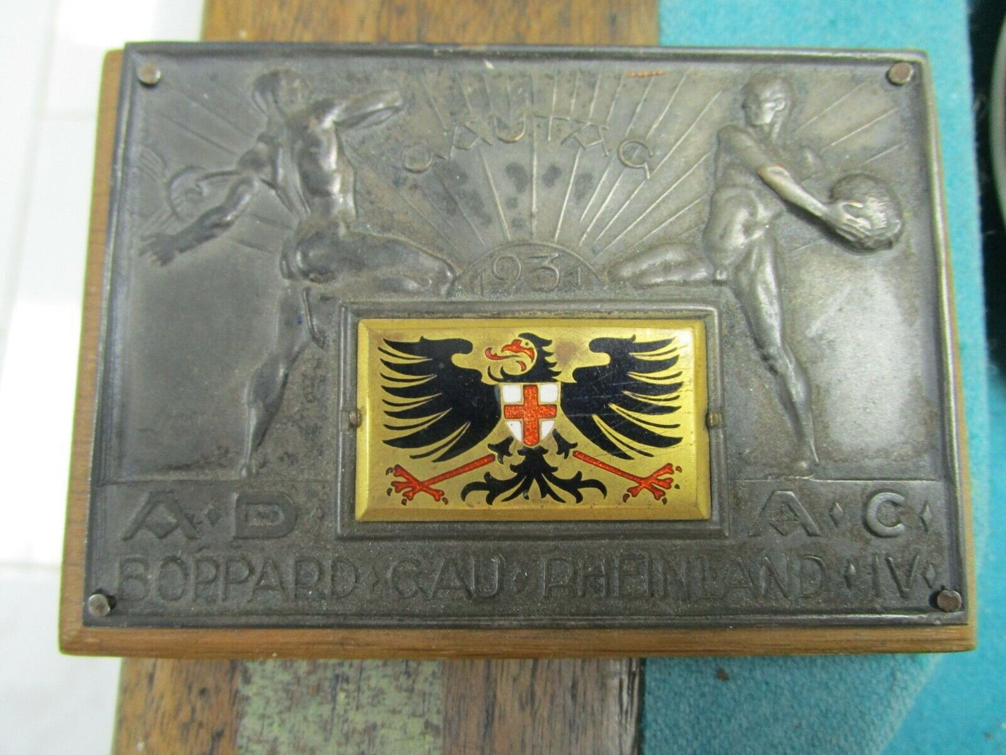 1931 GAUTAG BOPPARD GAURHEINLAND PLAQUE MOUNTED IN WOOD 4 1/2 X 3 1/4"