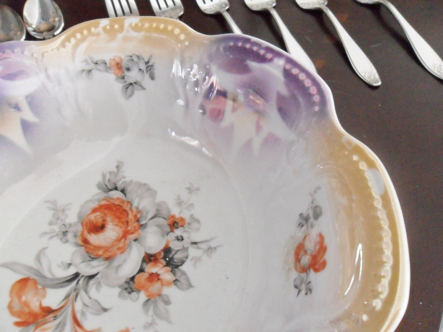 German lusterware purple, orange and roses bowl [2]