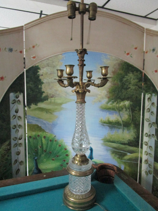 Four Arms Two Lights Brass Depression Glass Diamond Design Electrical Table Lamp