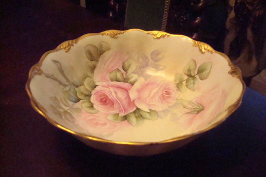 Weimar Germany bowl of pink roses and gold 8" diam[2]