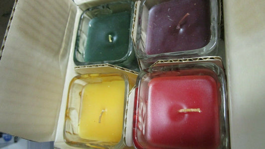 Partylite Scented 4 Candles Box Winter Green/Toasted Gold/Red Ribbon/Sugar Plum^