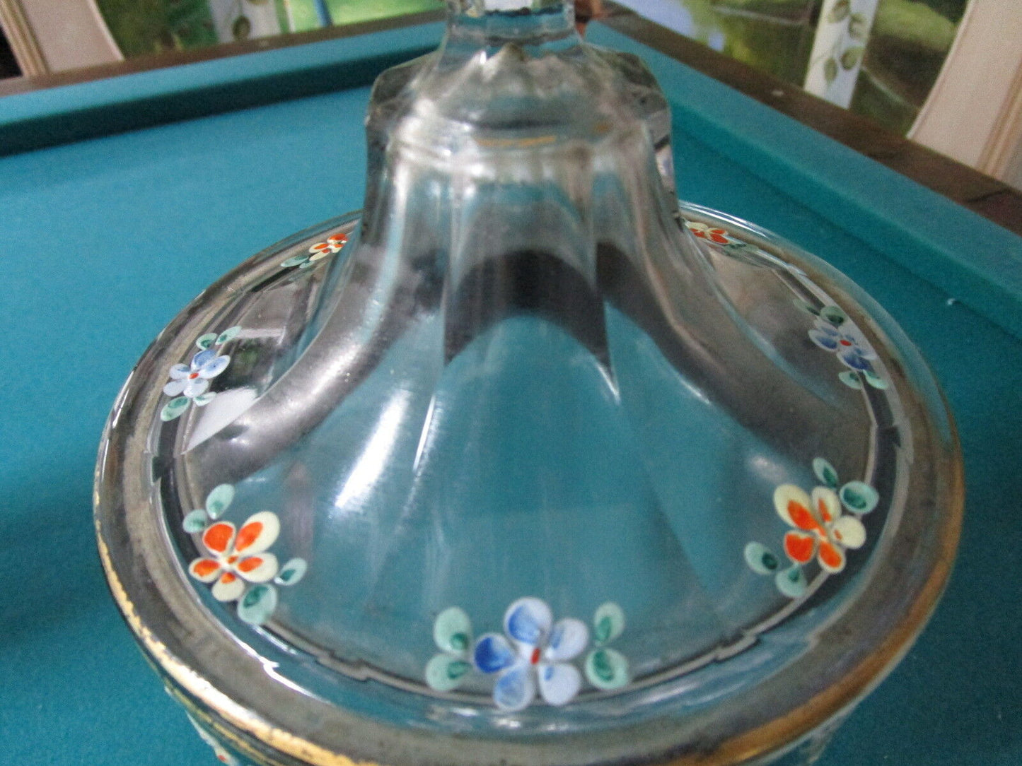 VICTORIAN HAND PAINTED Glass footed covered CANDY DISH ANTIQUE 13"