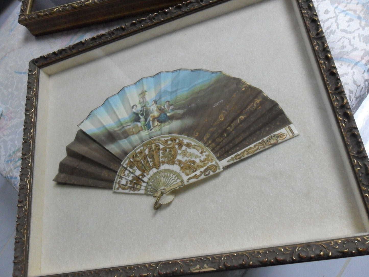 1950's SPANISH FOLDING  FAN Hand Painted Signed J. Ramon carved  sticks