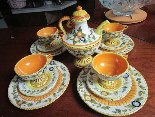 1920s Italian S.A.C.A. Hand Painted Pottery tea set tea pot, 13 pcs MAJOLICA