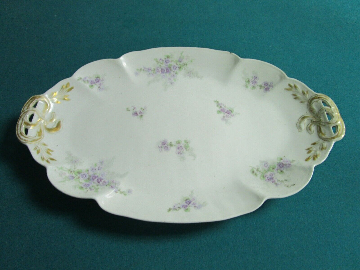 GDA FRANCE PORCELAIN LARGE TRAY TWO HANDLE GOLD FLOWERS 19X12 1/2"