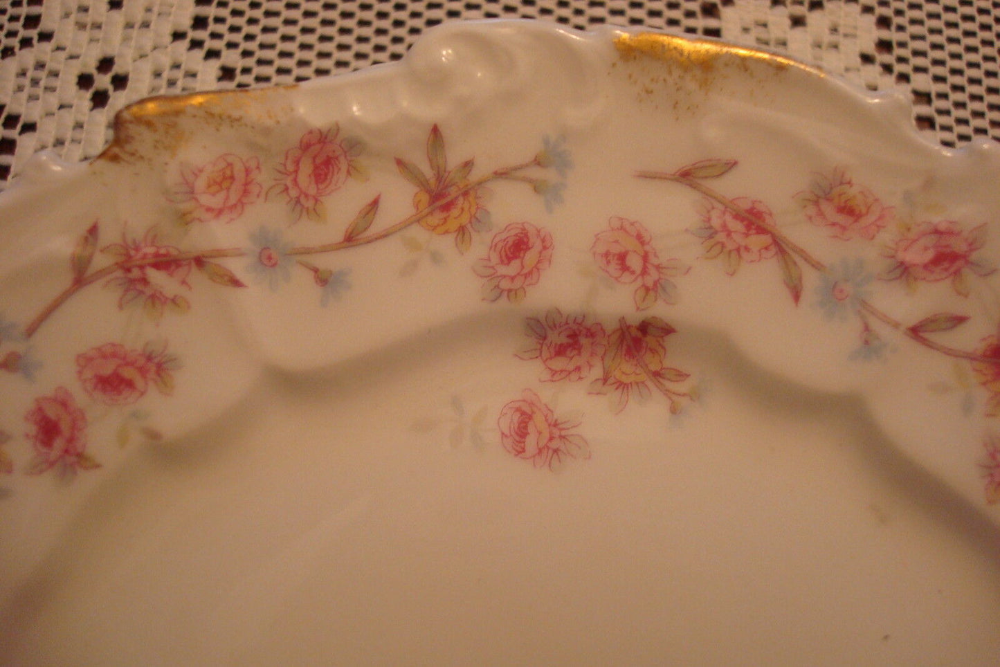 1900s France Limoges 6 bread plates MOLDED BORDERS, GOLD PINK FLOWERS GARLANDS