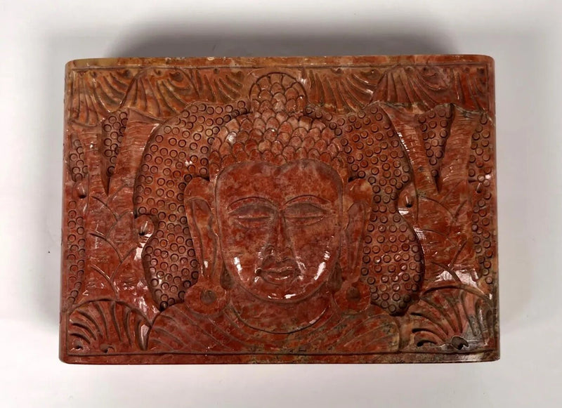Asian BUDDHIST HANDCARVED HINGED Marble Box  TRINKET Tibet Buddha  6" X 4"