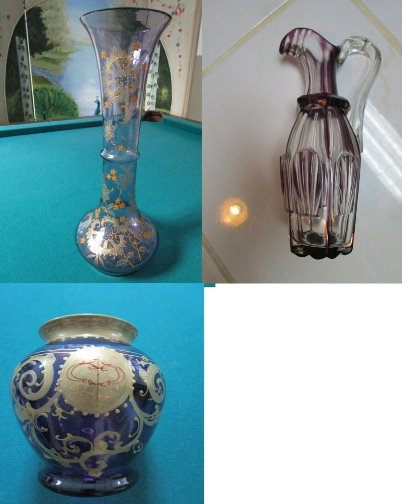 BOHEMIAN CRYSTAL VASE HAND PAINTED GOLD SIGNED CRUET PITCHER ORIGINAL PICK1