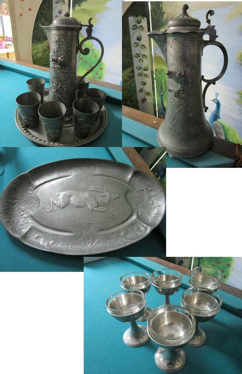 KAYSERZINN PEWTER BOAR HORSE STAG TANKARD AND CUPS - TRAY-CUPS W/ INSERT PICK1