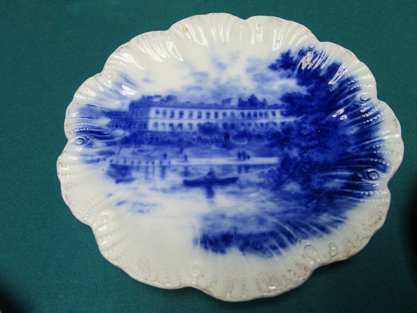 ANTIQUE BLUE WARE RIVER BRIDGE MOLDED curio PLATE 9'