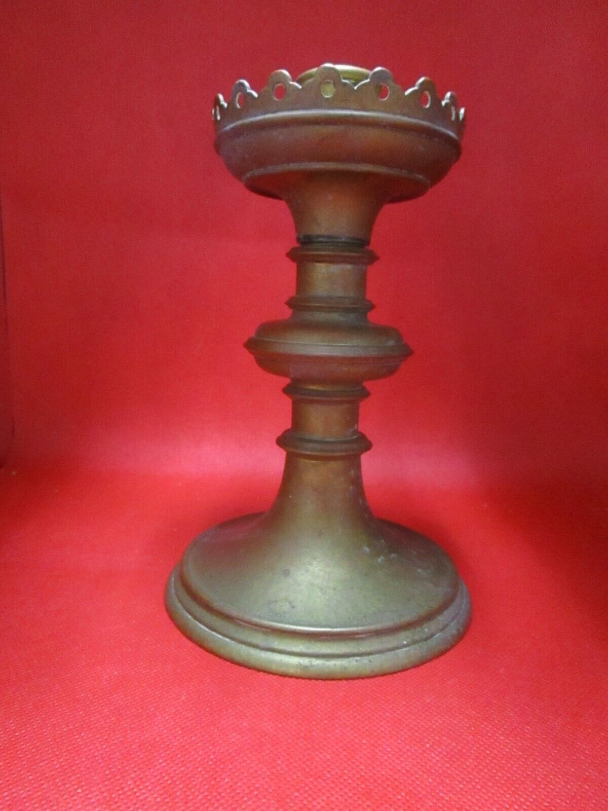 Antique Gothic Revival Candleholder brass 8 1/2"