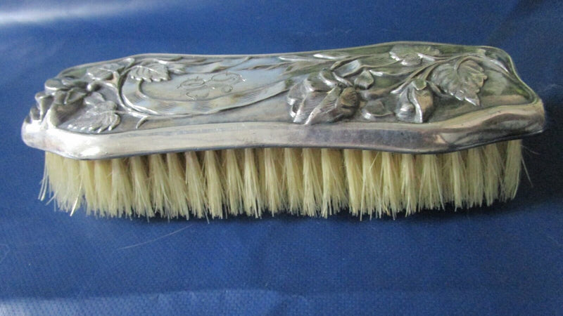 Antique horsehair clothes brush, ornate silver plate roses
