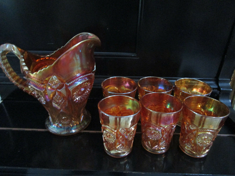 MARIGOLD IMPERIAL CARNIVAL GLASS PITCHER AND 6 TUMBLERS PICK 1