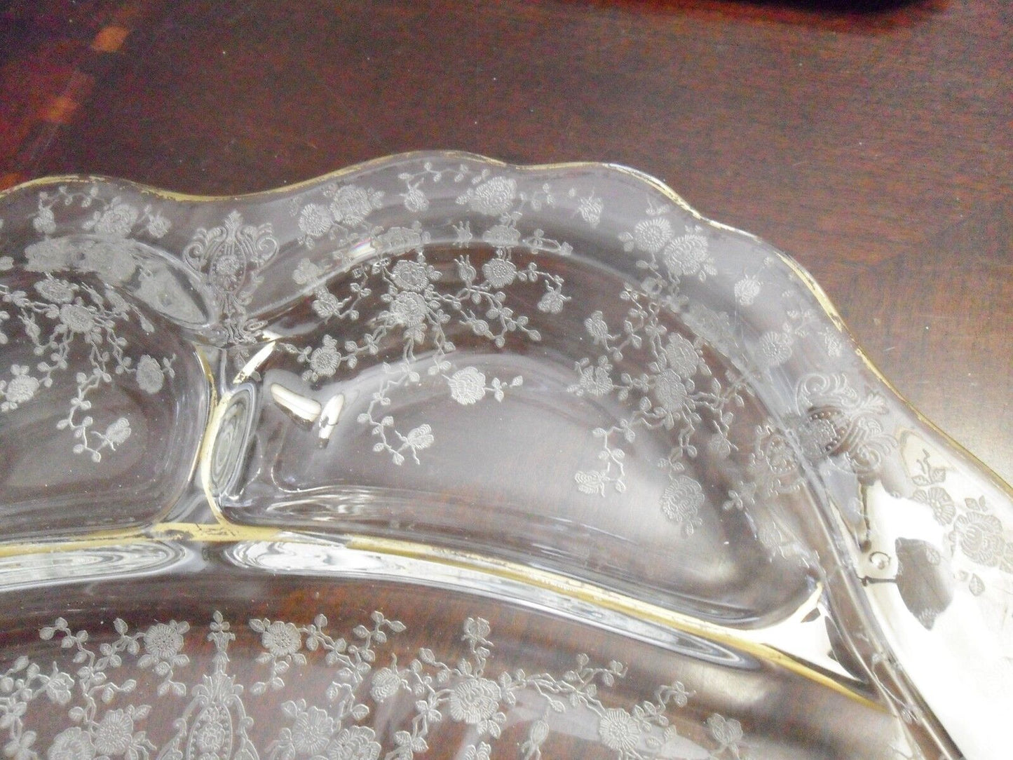 Vtg Wildflower Cambridge crystal print etched glass relish tray divided dish[a5]