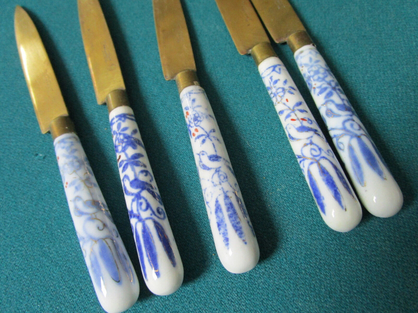 Antique 10 Fruit Knives Blue White China Handles Brass Blades Bohemia Czech.6"