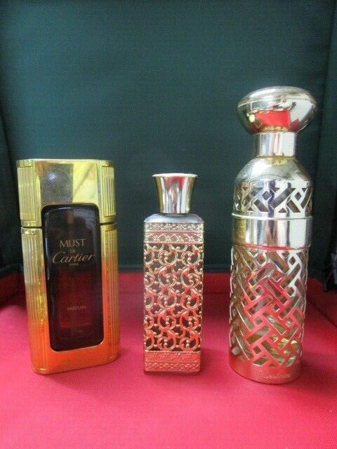 PERFUME METAL GOLDEN EMPTY CASES TIFFANY - SHALIMAR- MUST DE CARTIER PICK1