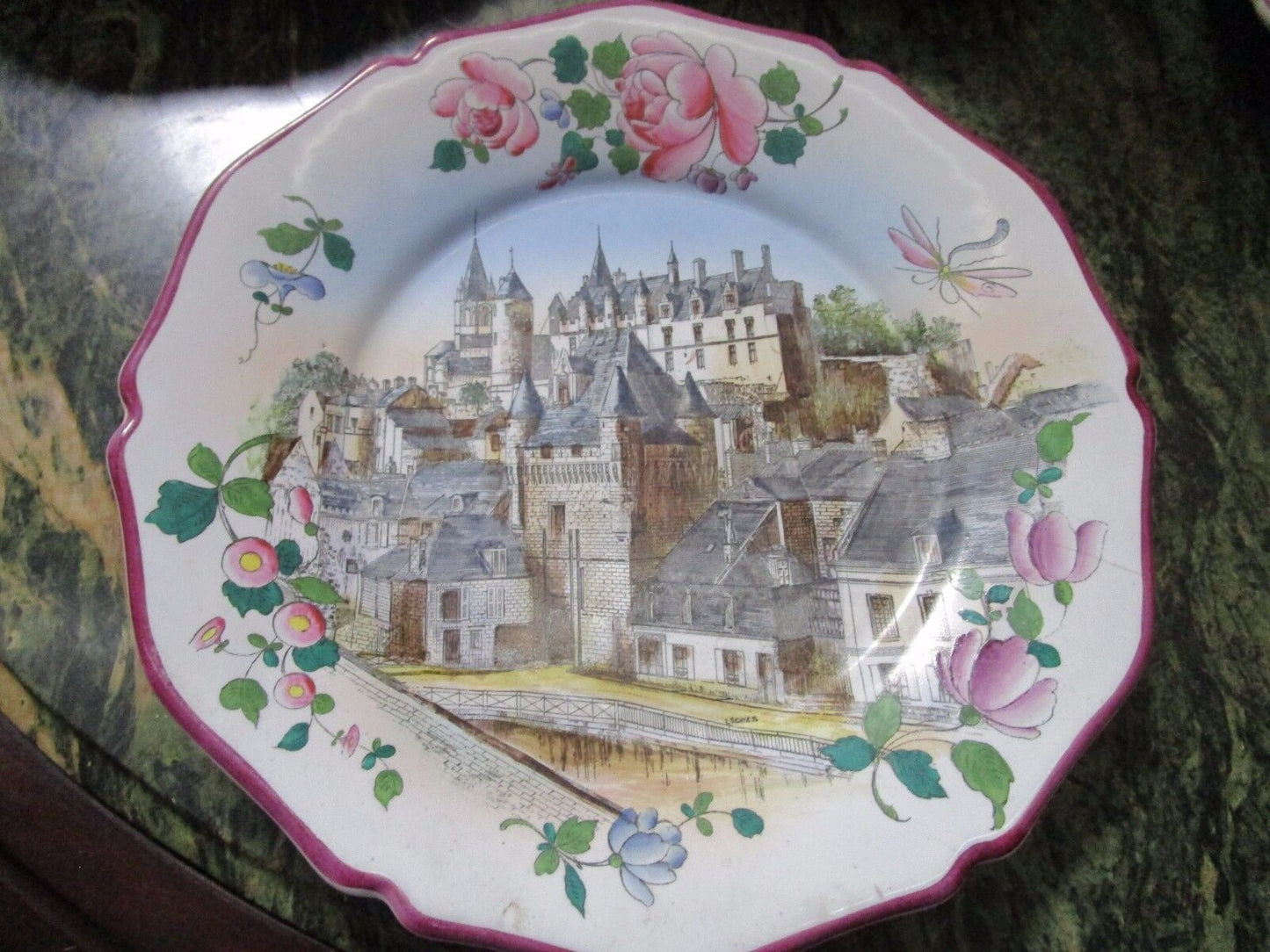 A. PEAUDECERF TOURS 1890s FRANCE ANTIQUE 4 CASTLE PLATES CERAMICHE