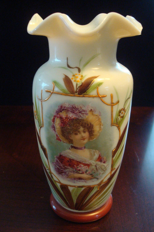 Victorian Portrait Bristol Glass JADITE Vase Ruffled Rim HANDPAINTED [*5]