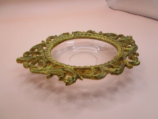 VICTORIAN ORMULU JEWELRY DISH BRASS GLASS 4 1/2"