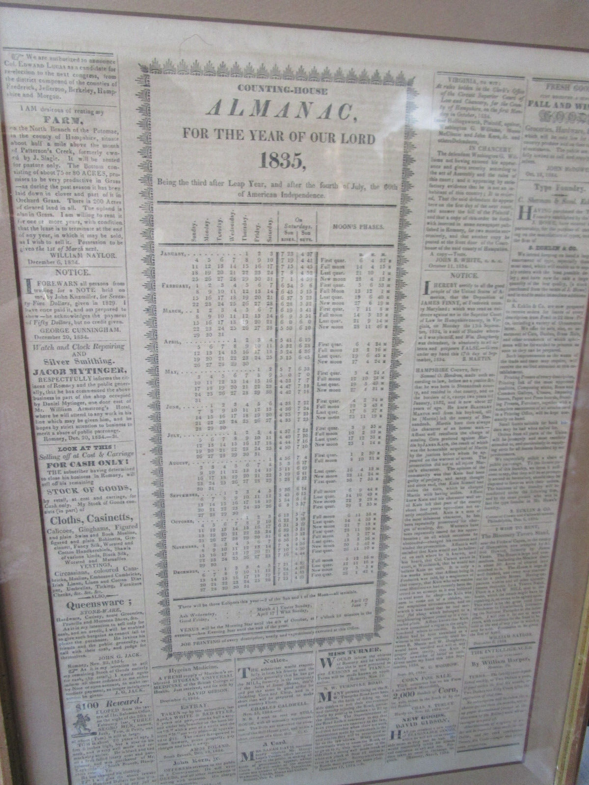 4 ANTIQUE 1830s FRAMED PAGES OF T"HE SOUTH BRANCH INTELLIGENCER"