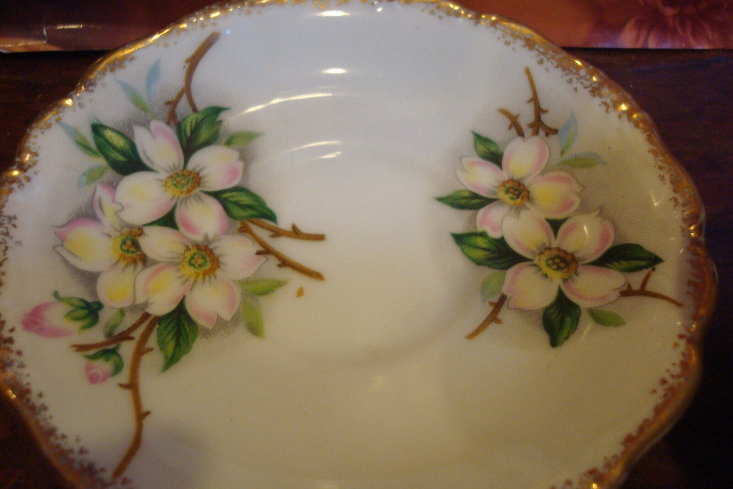 UCAGCO - Dogwood cup and saucer made in Japan, white background pink flowers