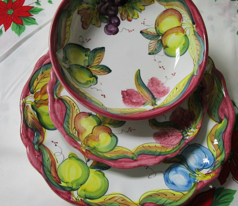 DERUTA ITALY DIP A MANO CERAMIC BOWL PLATES CUP SAUCER FRUITS PINK RIM PICK 1