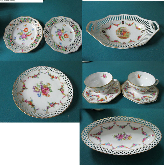 Vintage Schumann Germany RELISH TRAYcup saucer plates  LACED GARLANDS pick 1