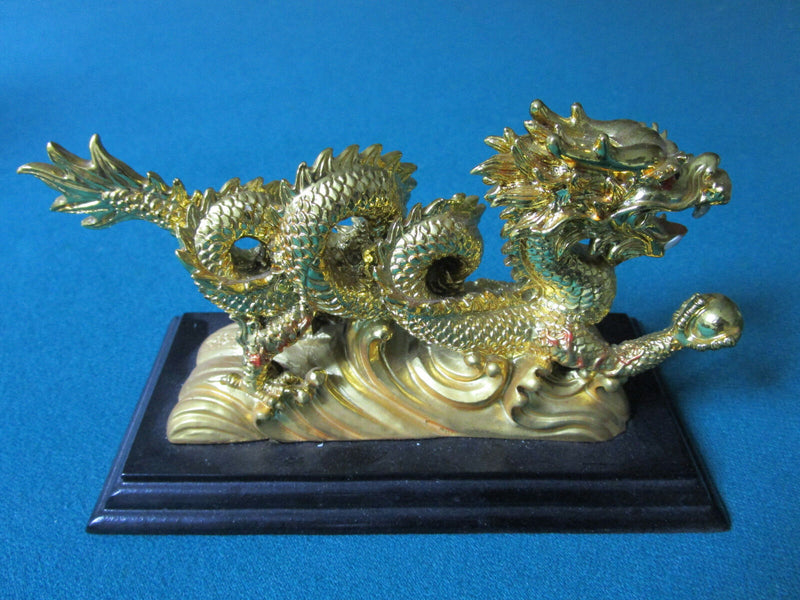 Chinese Modern Golden Dragon With Ball Metal Paperweight 6 1/2"