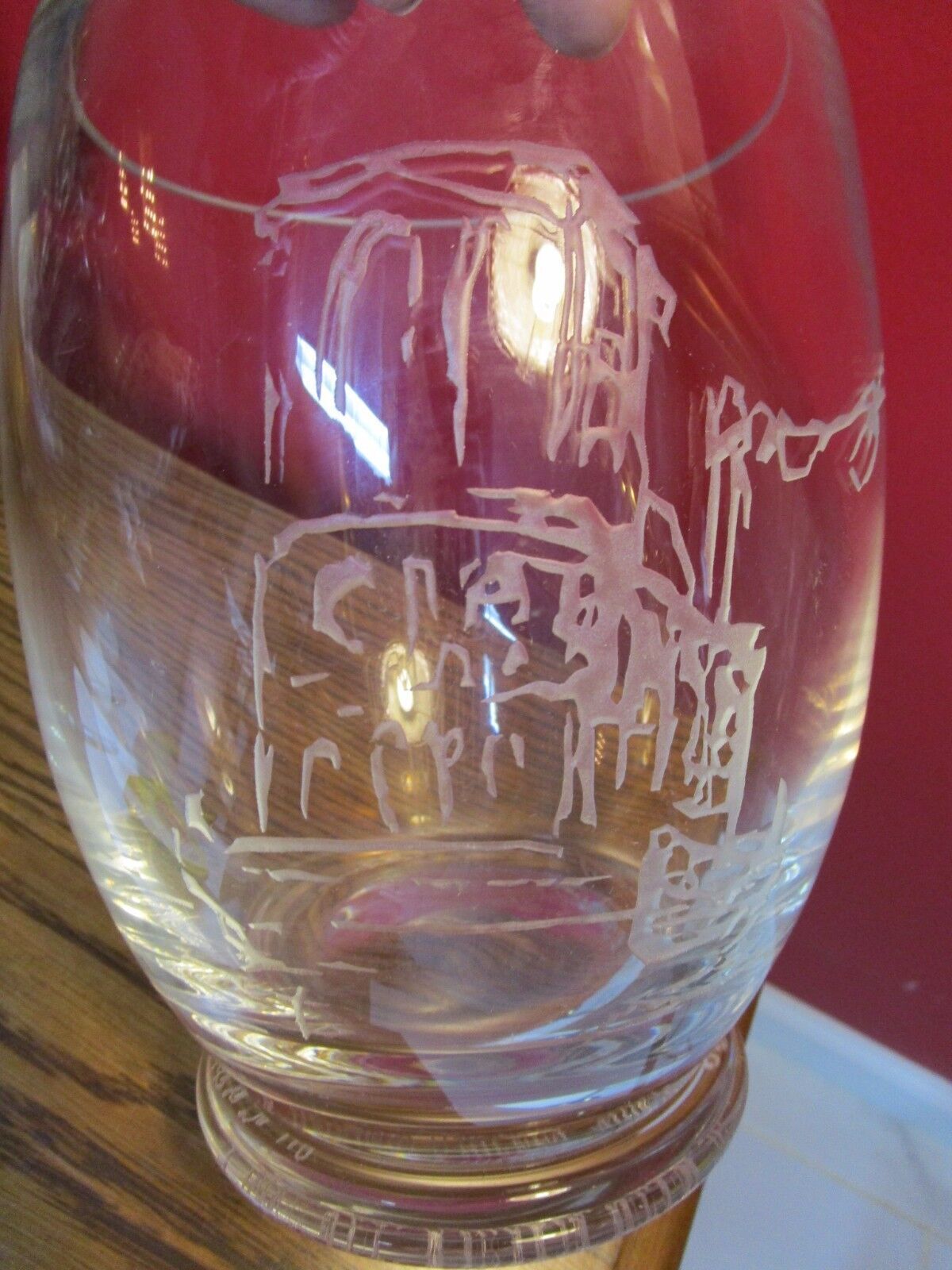 TIFFANY GLASS VASE / ice buvket ETCH DECOR ON FRONT signed 8 X 6" dedicated