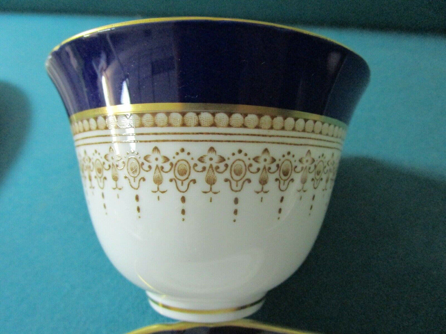 TRIO Royal Worcester, England, Regency pattern, white, blue and gold [98]