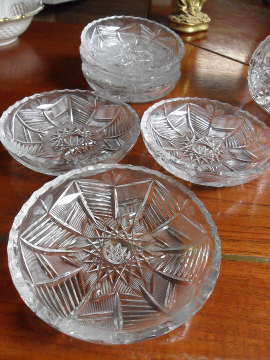 6 round fruit bowls hand cut , 2" tall by 6" Czechkoslovakia