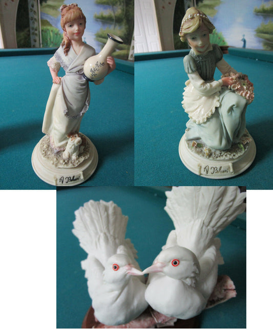 ALABASTER FIGURINES Auro Belcari ITALY JAR LADY, FLOWER LADY, DOVES IN LOVE PICK