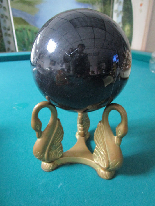 Pedestal Black Glass Ball On Metal Swan Stand  5 X 9" " Paperweight Figurine