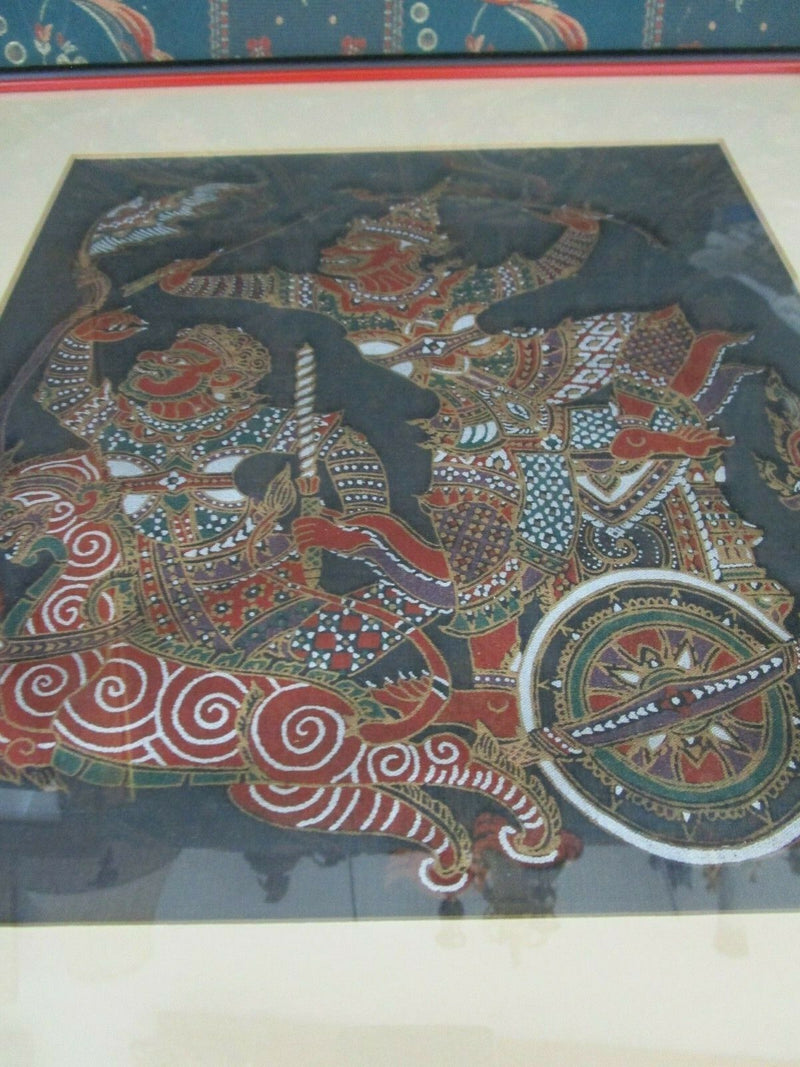 THAI KALAGA ART EMBROIDERED SILK WAR CHARRIOTS FRAMED PAINTING