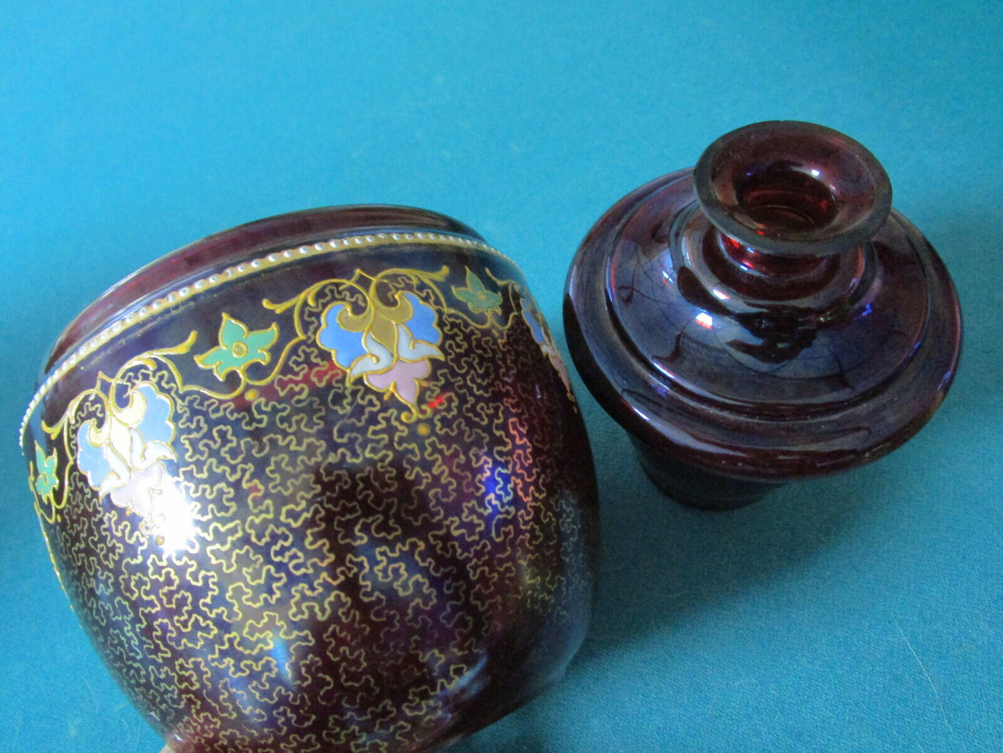 ANTIQUE BOHEMIA DECANTER IN HOLDER BOWL RED RUBY HAND PAINTED rare insert