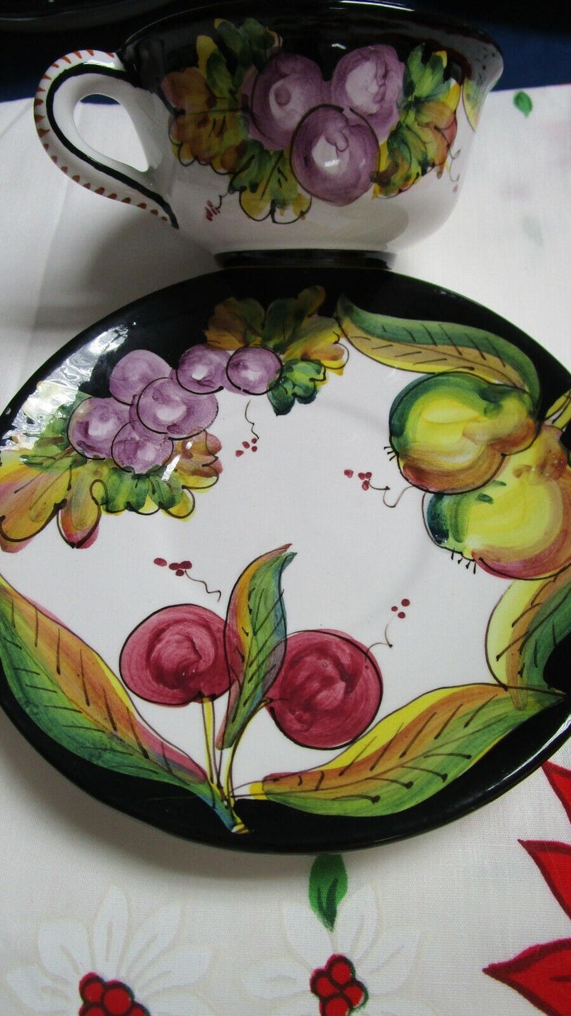 DERUTA ITALY DIP A MANO CERAMIC BOWL PLATES CUP SAUCER FRUITS BLACK RIM PICK 1