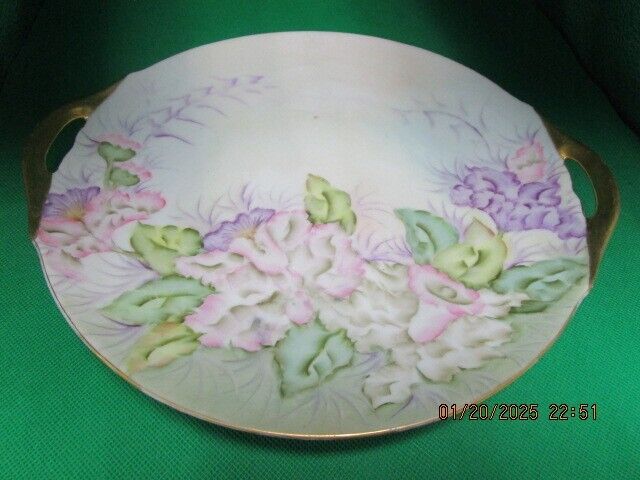 ANTIQUE FRANCE LIMOGES FLORAL TRAY 2 HANDLES 11" SIGNED BY ARTIST^^