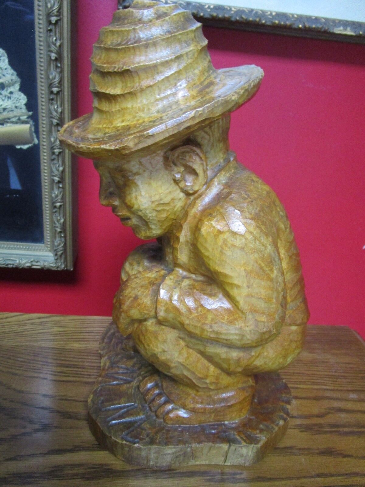 WOOD HAND CARVED sculpture Hispanic ARTIST, SIGNED "MM", POOPING MAN