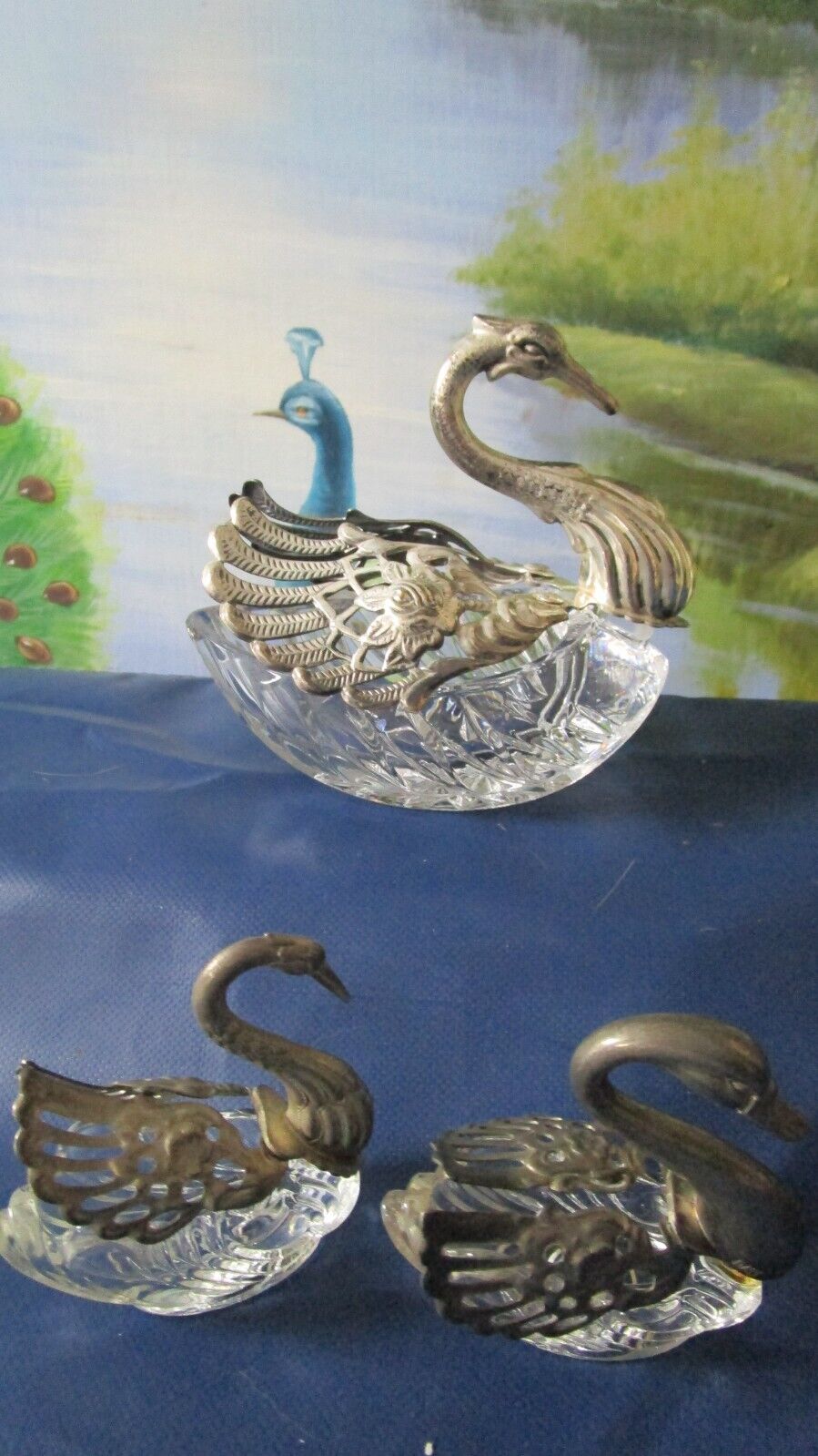 VINTAGE ITALIAN SWAN SALT CUPS AND MUSTARD SILVERPLATE AND GLASS