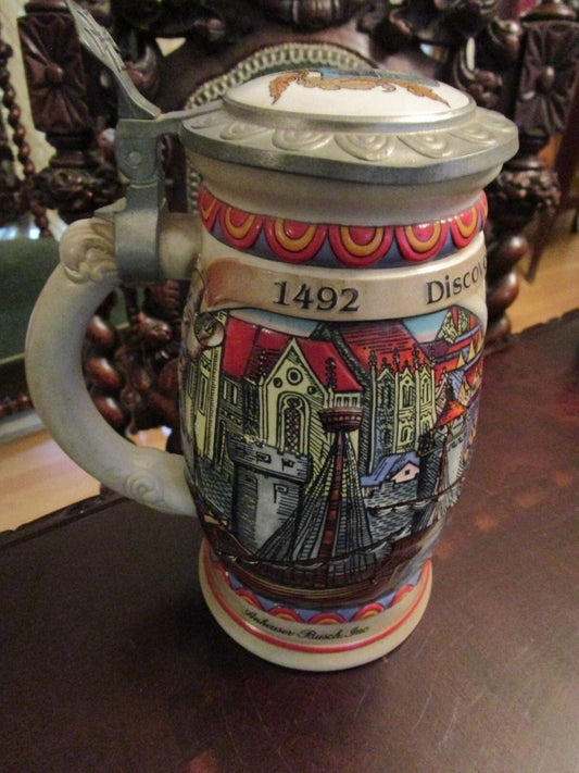 ANHEUSER BUSCH DISCOVERY OF AMERICA NINA COVERED BEER STEIN 8"