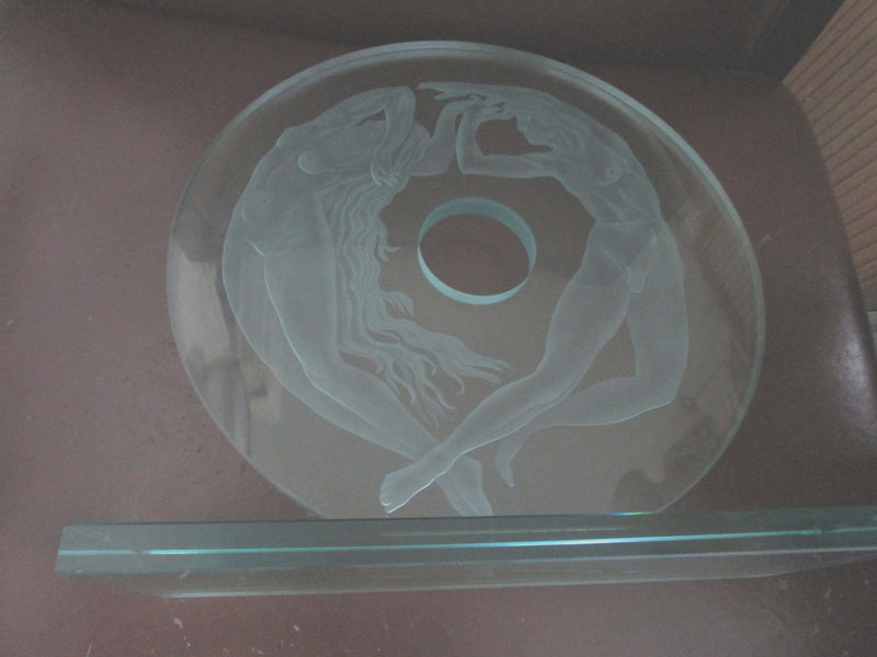 NAKED DIVERS COUPLE TABLE SCULPTURE LARGE 16 X 15 X 6" ETCHED GLASS