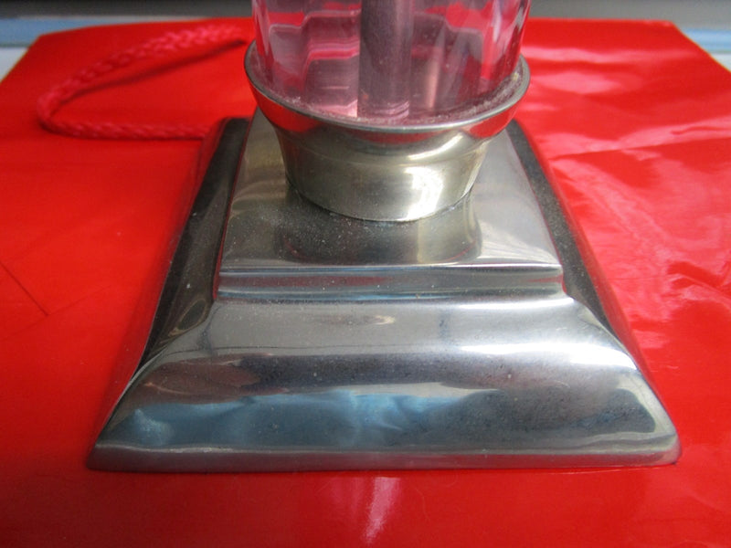 Candleholder TOWER  pink GLASS and silverplate, round body, 9 1/2" ORIGINAL