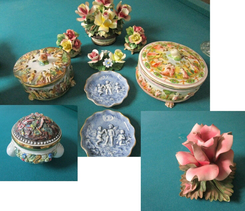 CAPODIMONTE ITALY MIDCENTURY PLATES, COVERED BOX CERAMIC BOUQUET FLOWERS PICK 1^