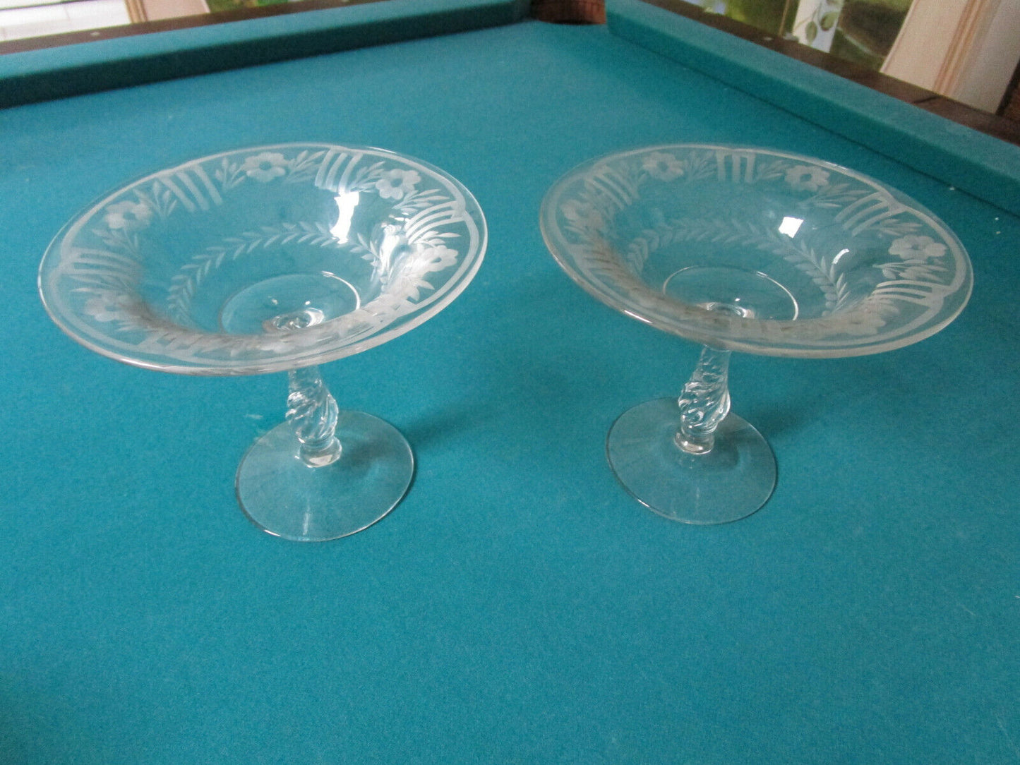 American Pressed Glass 2 Cake Stand COMPOTE Swirl Pattern ETCHED FLOWERS