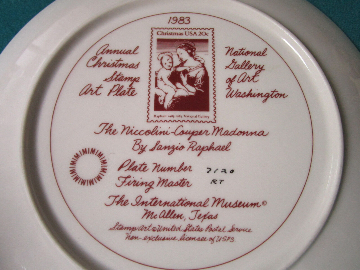 Annual Christmas Stamp Plate 1983 Niccolini-Couper Madona 8 1/2" By Giovanni