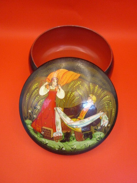 Metal Cloisonne  Russian Trinket Jewelry Box Round Hand Painted 2 3/4 X 5"