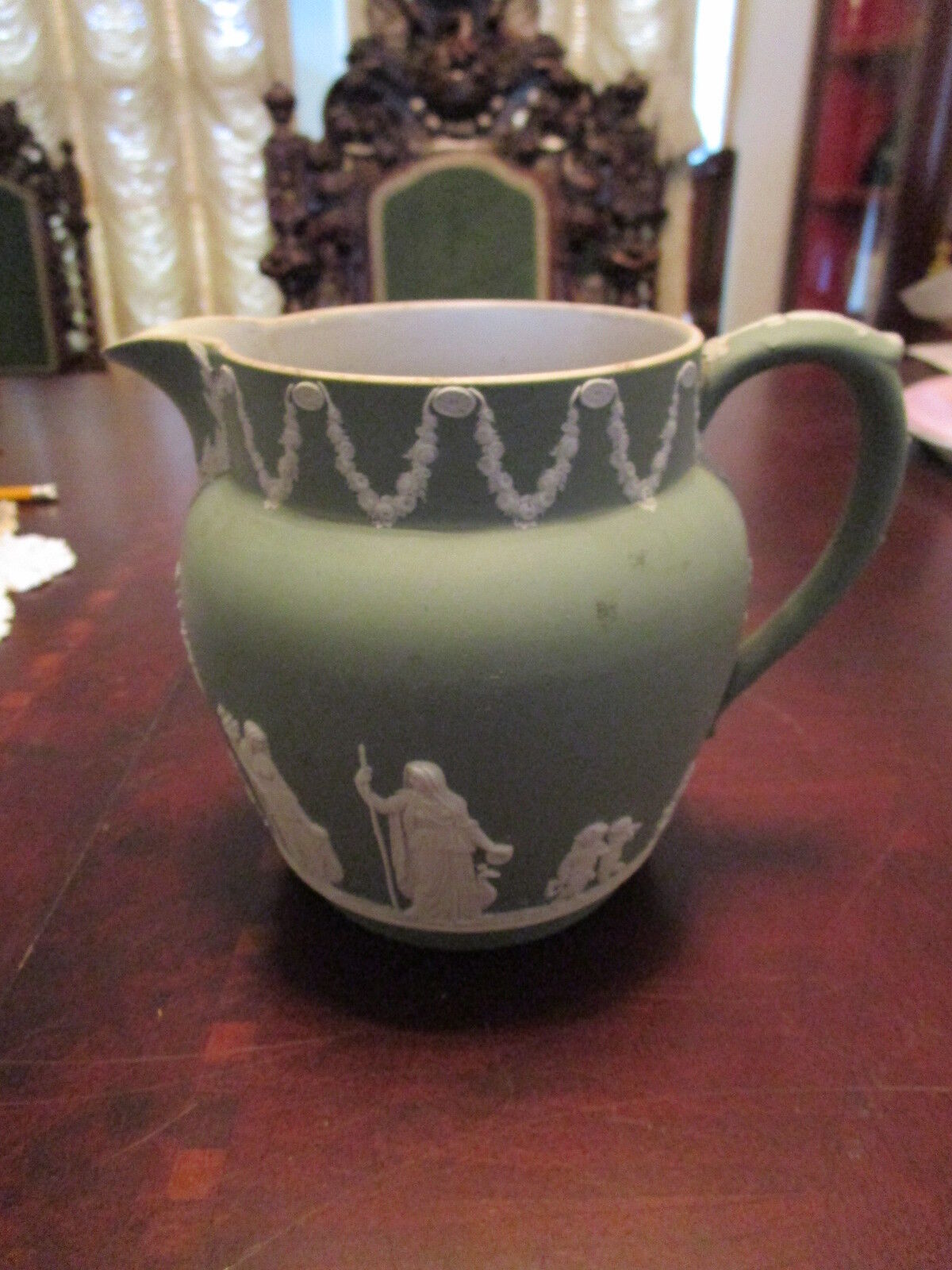 Antique 1800s Wedgwood, England, jug green jasperware, and handle, impressed[*6