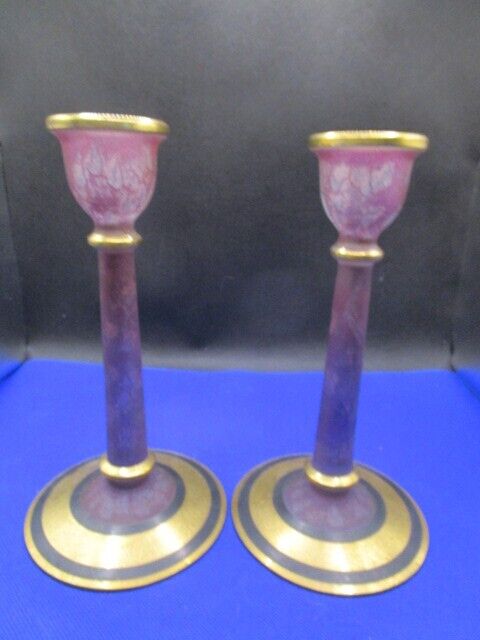 BOHEMIAN PAIR OF CANDLE HOLDERS PINK FROSTED GLASS AND GOLD 7 1/2"